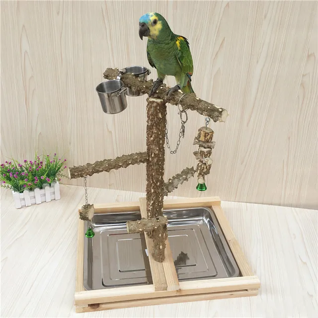 Bird Bite Claw Perches Parrot Wooden Stand Hanging Cage Bird Standing Stick Toys Parrot Playground With Foot Ring Feeder Cups