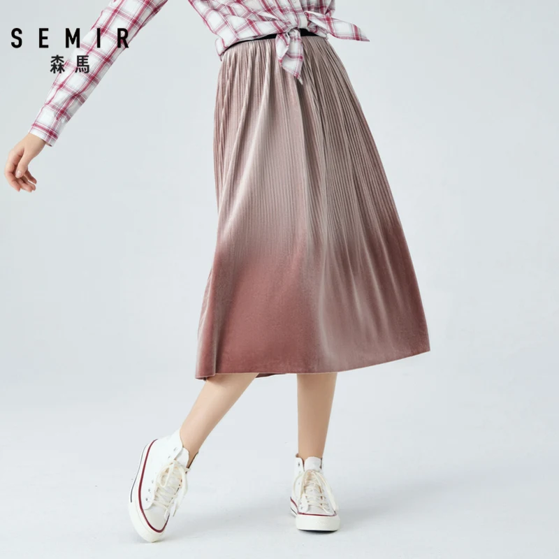 Semir бархатная юбка для женщин, эластичная талия, для девушек, Ретро стиль, плиссированная юбка, ins tide, подходит для бедра, толстая юбка
