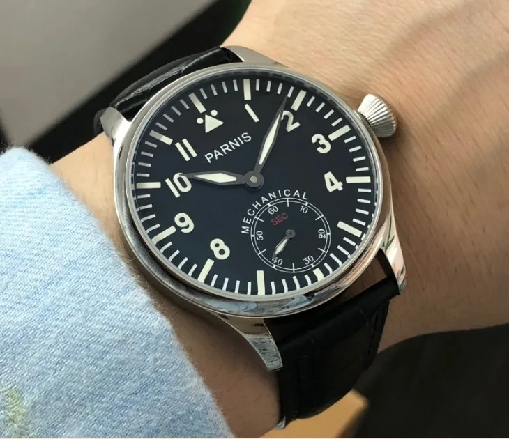 

Sapphire crystal or mineral glass 44mm PARNIS Black dial 6498/3621 Mechanical Hand Wind movement luminous men's watch pa149-p8