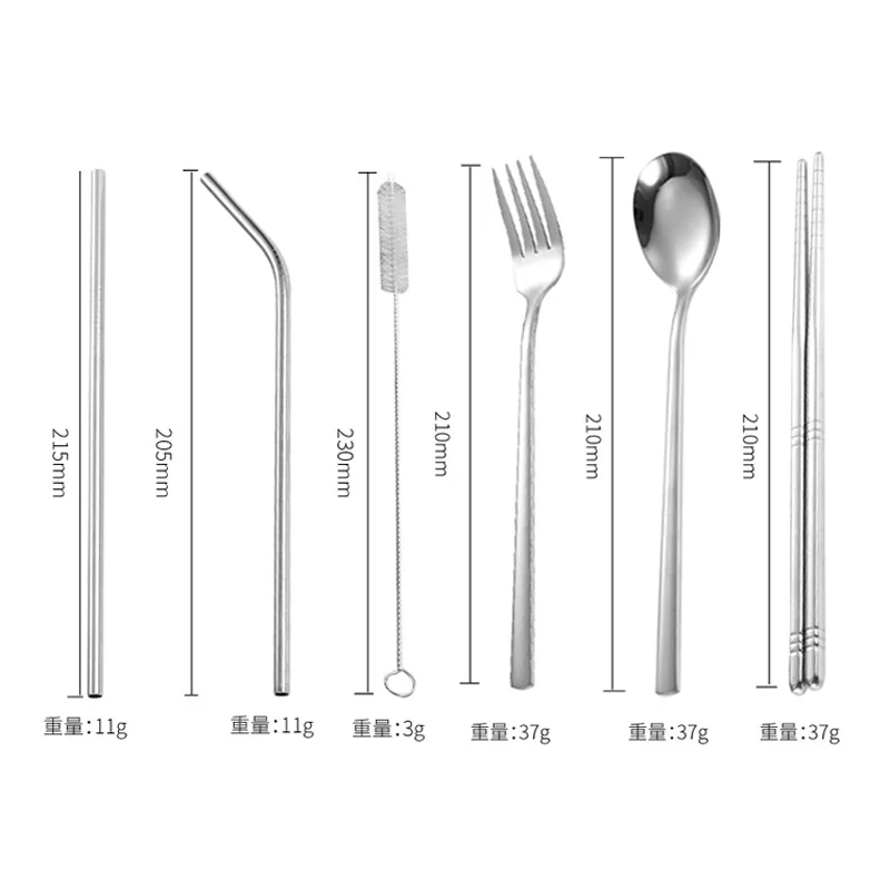 6pc-sliver 7pc 304 Stainless Steel Fork Spoon Chopsticks Set Creative Portable Tableware Straw Fork Chopsticks 7 Pieces Dinnerware Set - Color: 6pc-sliver