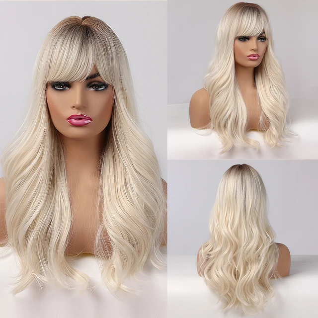 EASIHAIR Long Dark Brown Women's Wigs with Bangs Water Wave Heat Resistant Synthetic Wigs for Black Women African American Hair LC335-1