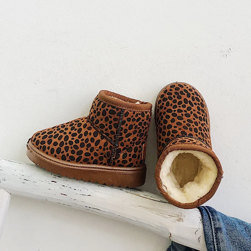 

2020 Winter Kid's Shoes Boots Slip-On Leopard Round Toe Casual Neutral Flat Heels Fur Non-slip Snow Boots 18FK915