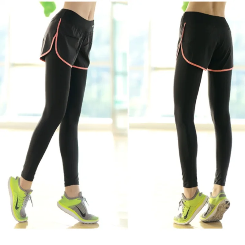 

New Style Korean-style Quick-Dry Mock Two-Piece Capri Athletic Pants Elasticity Breathable Women's Fitness Tight-Fit Running Yog