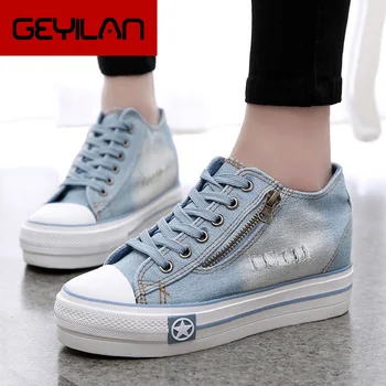 

Denim Canvas Shoes Summer Women Shoes Thick Bottom Lace-Up Casual Flat Shoes Fashion Zipper Height Increase Female Shoes