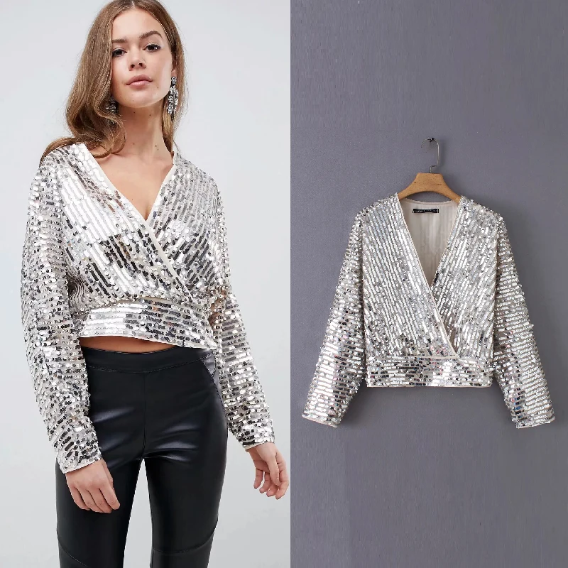 

FASHION Women Clothing Sexy stylish solid blouse 2019 chic tops Silver Sequined Shining Bling Long sleeve stretchy V-neck female