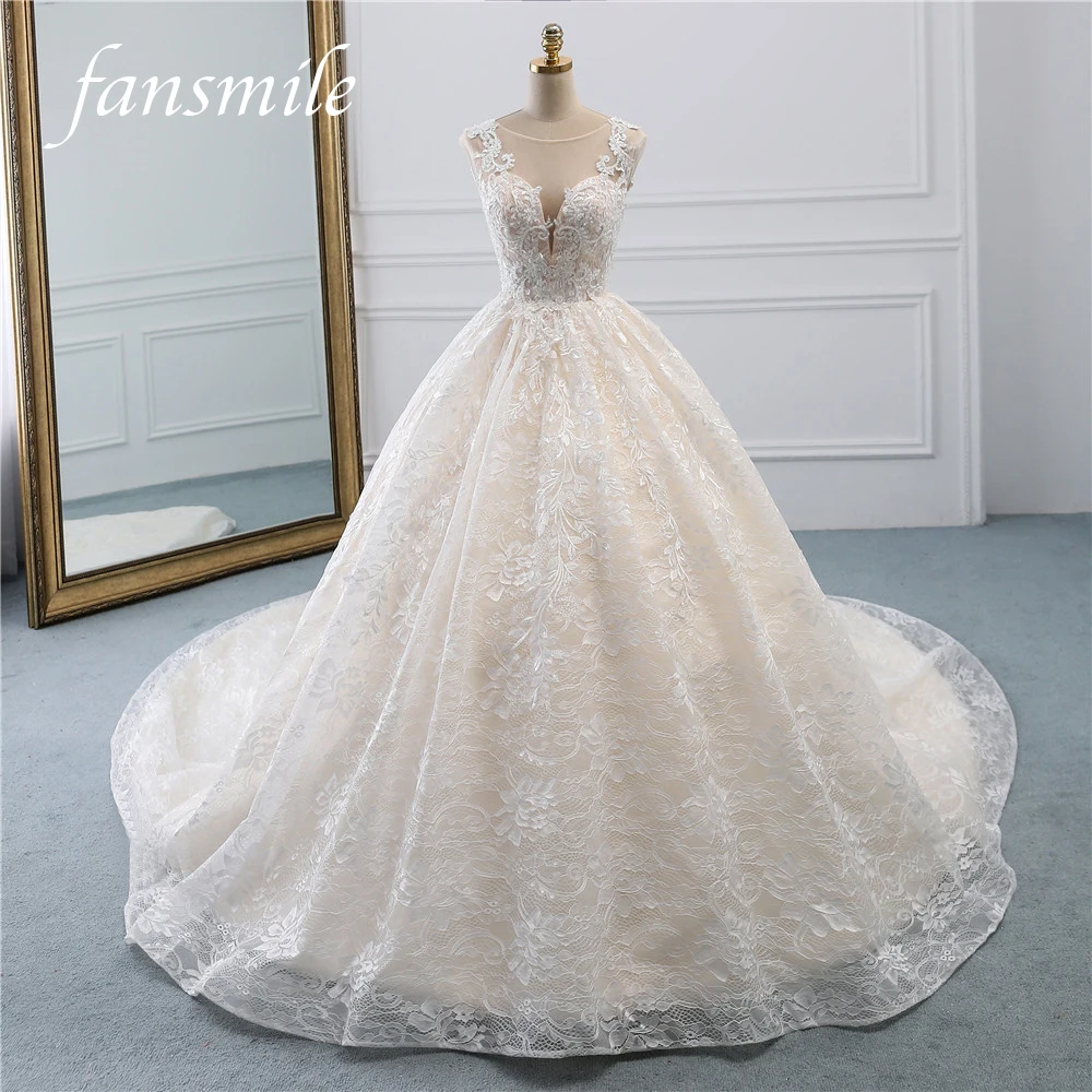 

Fansmile Luxury Lace Vestidos de Novia Ball Gown Wedding Dress 2020 Long Train Princess Quality Wedding Bride Dress FSM-522T