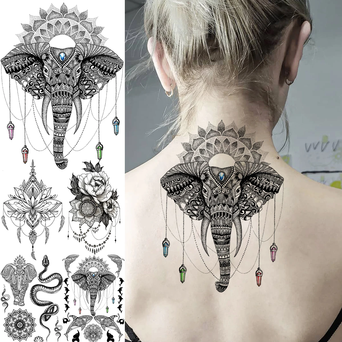 

Black Henna Elephant Temporary Tattoos For Women Adult Rose Flower Snake Whale Lotus Fake Tattoo Sexy Mandala Pendant Tatoos