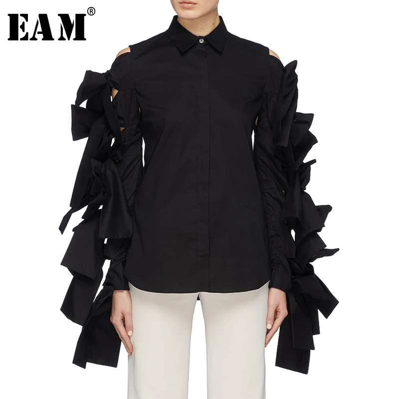 [Eam] Vrouwen Black Hollow Out Bow Blouse Nieuwe Revers Lange Mouwen Loose Fit Shirt Mode Tij All-Match Voorjaar herfst 2020