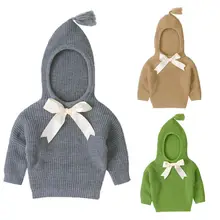 Осенне-зимняя вязаная для маленьких девочек; теплый свитер с капюшоном для новорожденных; однотонная Одежда с бантом
