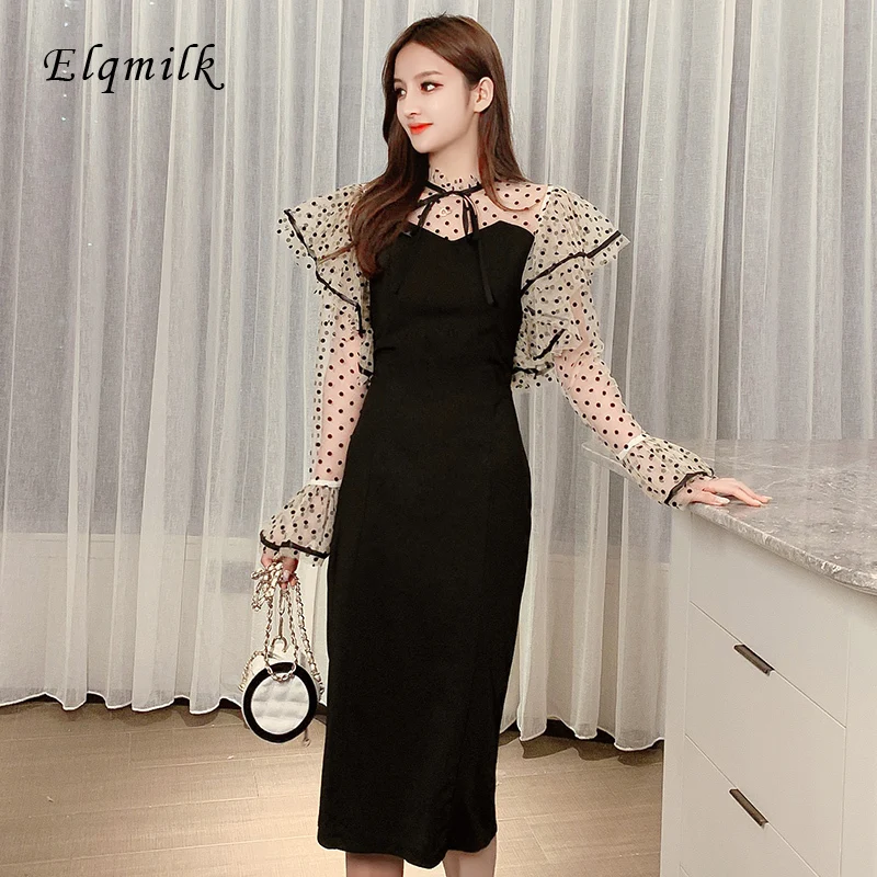 

Spring 2020 Women Dress Polka Dot Mesh See-through Ladies Dress Slim Bodycon Package Long Sleeve Women Dress Black