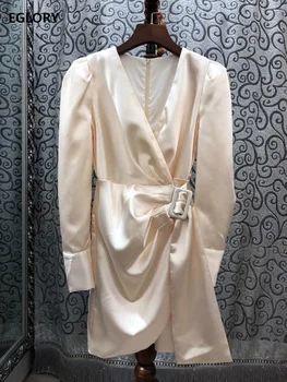 

High Quality Silk Dress 2019 Autumn Style Women V-Neck Buckle Belt Patchwork Long Sleeve Apricot Black Sexy Club Dress Above Kne