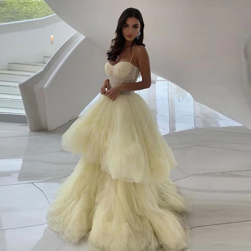 Princess A Line Spaghetti Straps Light Yellow Prom Dresses with Ruffles