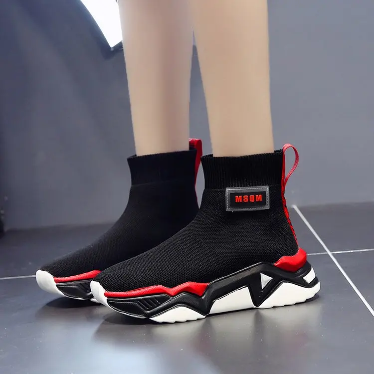 

Black Knitting High Top Women Platform Sneakers Shoes 2019 Breathable Chunky Trainers Women Casual Shoes Thick Sole Sneakers