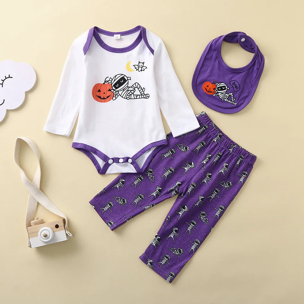 Newborn Infant Baby's Sets Boy Girl Pumpkin Romper Pants Bib Long Sleeve Halloween 3pcs Outfits Set Suit For 0-24m | Детская одежда
