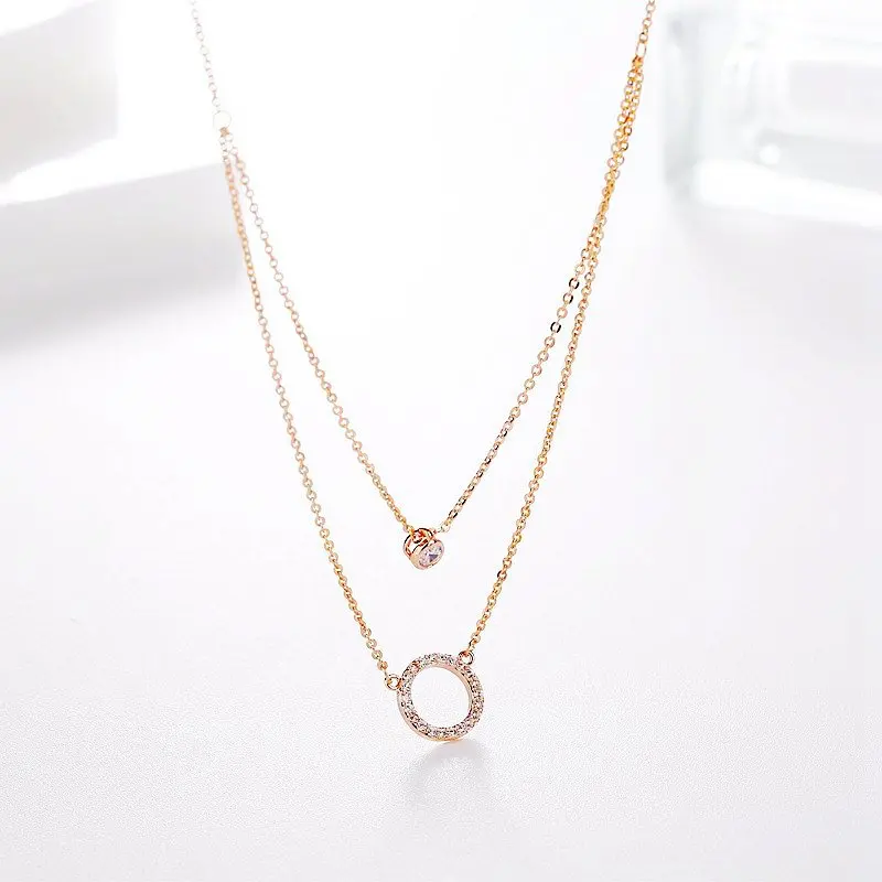 

Exquisite Double Layers Chain Necklace for Women Rose Gold Color Cubic Zircon Paved Round Pendant Jewelry