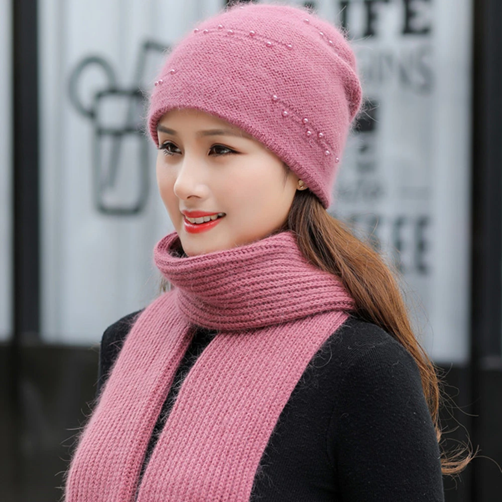 Gorro de Invierno para mujer, conjunto de y bufanda con decoración de perlas, informal, tejido de piel de conejo, novedad|Las mujeres de punto y gorros| - AliExpress