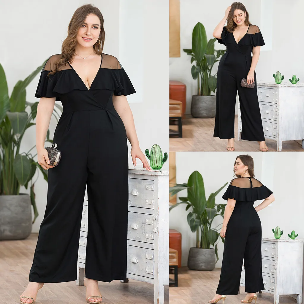 

feitong rompers mujer 2019 Women Plus Size V-Neck Short-Sleeved Mesh Stitching Wide Leg One-piece Pants комбинезон женский #821
