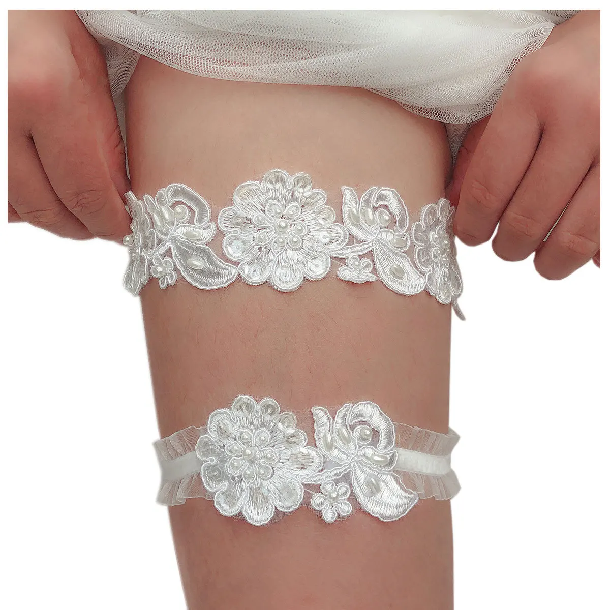 Kyunovia wedding garter Flower Pearl Garter Party Bridal Accessories Cosplay Sexy Lace Elastic Leg Garter Belt BY30 bridal dress decoration bridal garter belt