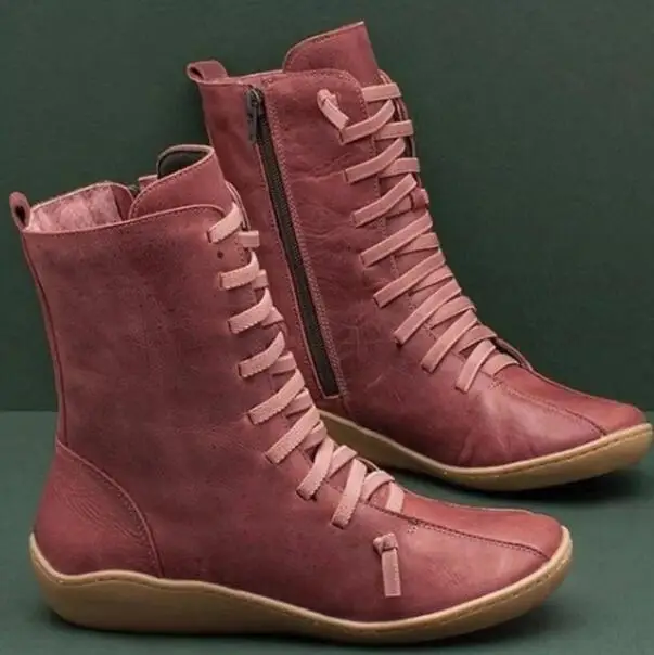 Женские ботинки до середины икры; сандалии-гладиаторы; обувь на плоской подошве со шнуровкой; женская обувь; chaussure zapatos mujer; Винтажные ботинки из искусственной кожи - Цвет: Red