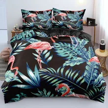 

Home Textile Black Comforter Cover Set Single Double Queen King Sizes Green Leaves Flamingos Pattern Custom Retain Softness
