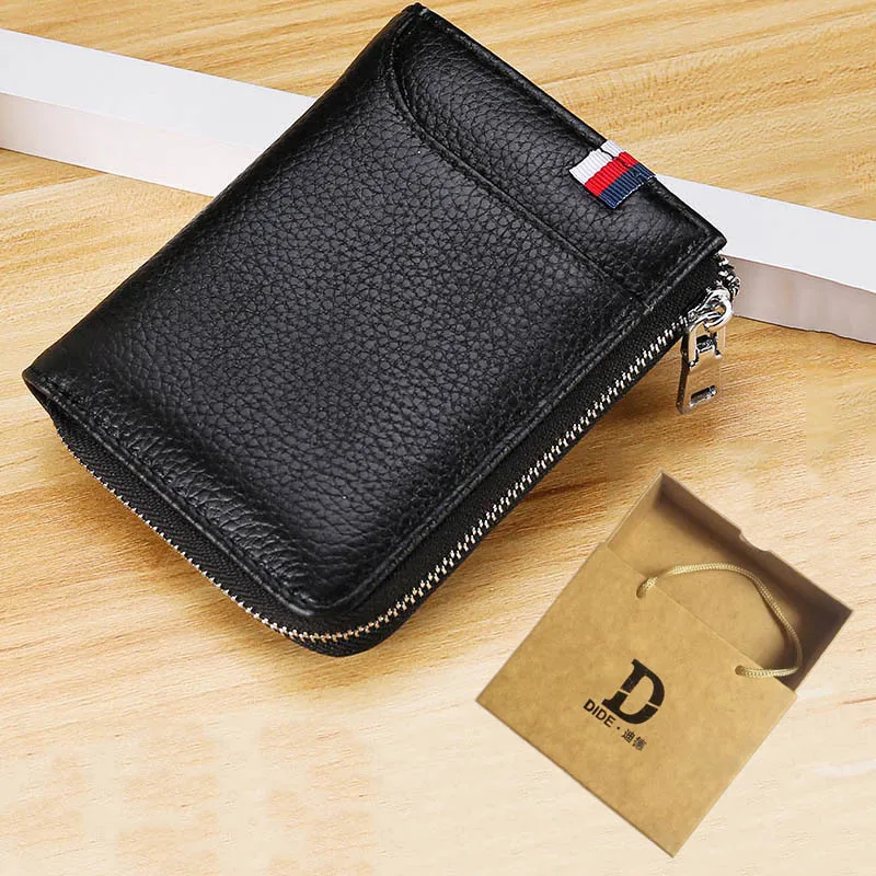 DIDE Black Genuine Leather Wallet Men RFID Credit Card Holder Male Short Coin Purse Wallets Cowhide Zipper Wallet Vintage Casual - Цвет: black