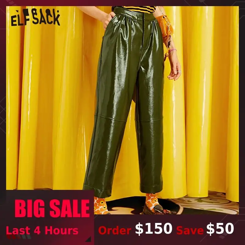 Günstige ELFSACK Armee Grün Solide Vintage Leder Hosen Frauen 2019 Herbst Mittlere Taille Streetwear Gerade Weibliche Büro Damen Hosen