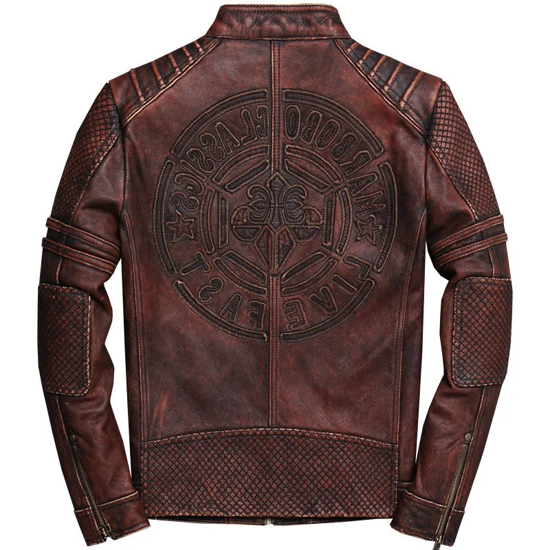2020 винтажная коричневая Мужская короткая мотоциклетная кожаная куртка большого