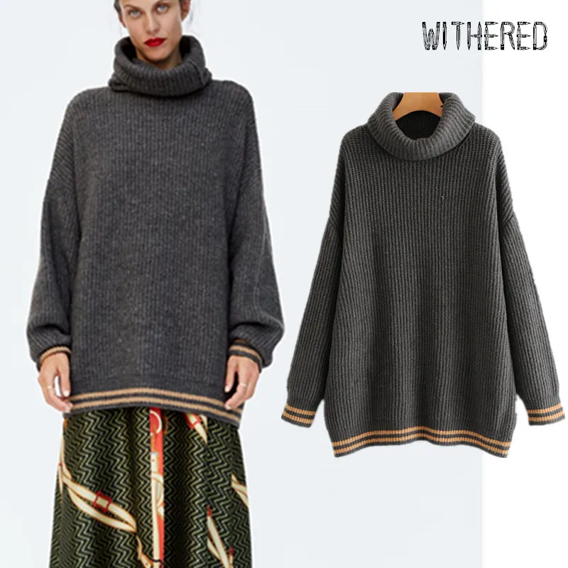 

Withered 2019 BTS winter sweater women england vintage Color collision loose pull femme pullover turtleneck sweaters women tops