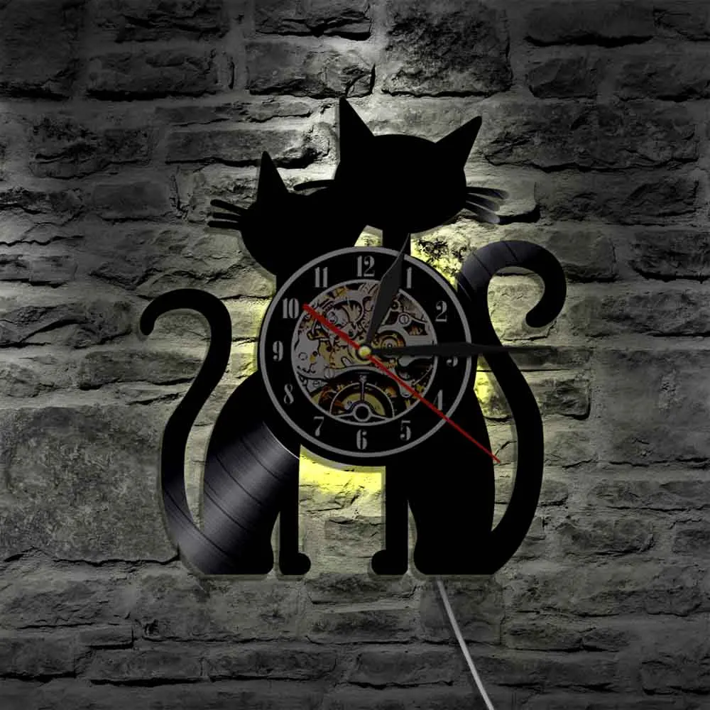 Кошки пара Виниловая пластинка настенные часы ручной работы кошки орнамент кошки силуэт настенные художественные современные декоративные настенные часы для любителей кошек подарок