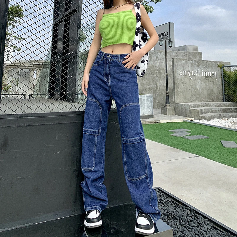 Blue Straight Jeans Women Vintage Cargo 