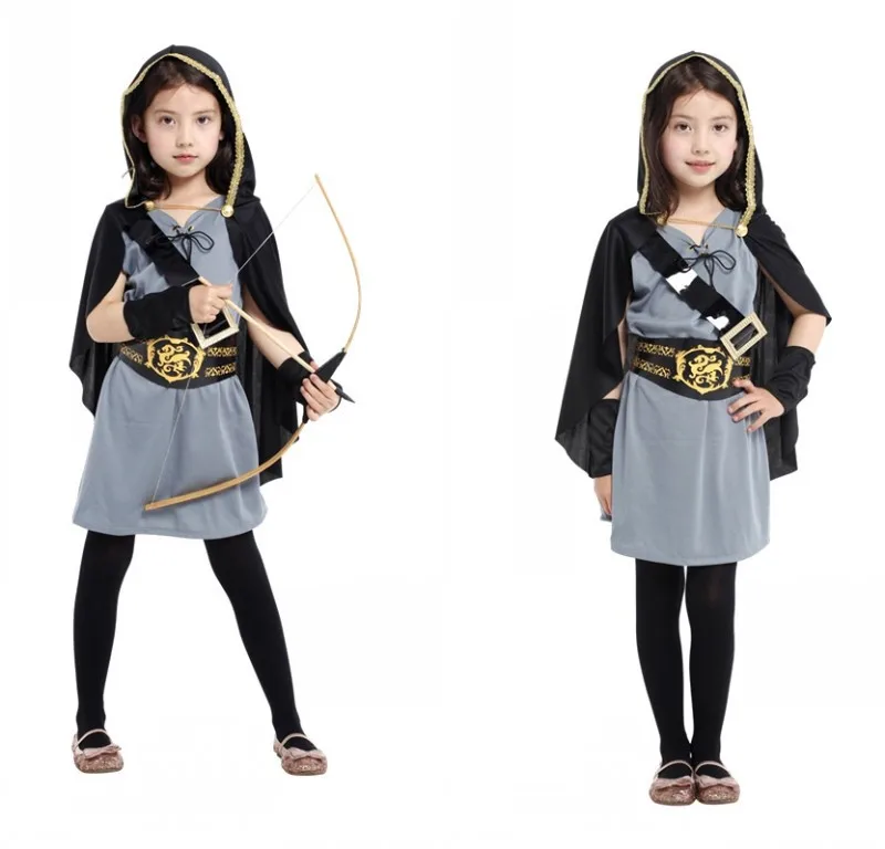 Girls Hunter Archer Warrior Superhero Outfit Kids Hero Dresses Cloak Halloween Cosplay Costumes Party Role Play Dress Up Suit |