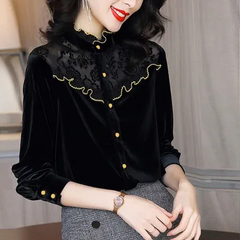 

Europe New Arrival Women's Spring Ruffled Collar Long Sleeve Single Breasted Lace Patchwork Blouse Tops Female Elegant Shirts