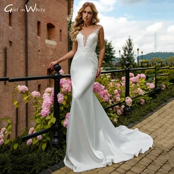 Modern Satin Mermaid Wedding Dress Lace Appliques Scoop Neck Bride Dresses Court Train Bridal Gowns Vestidos De Novia