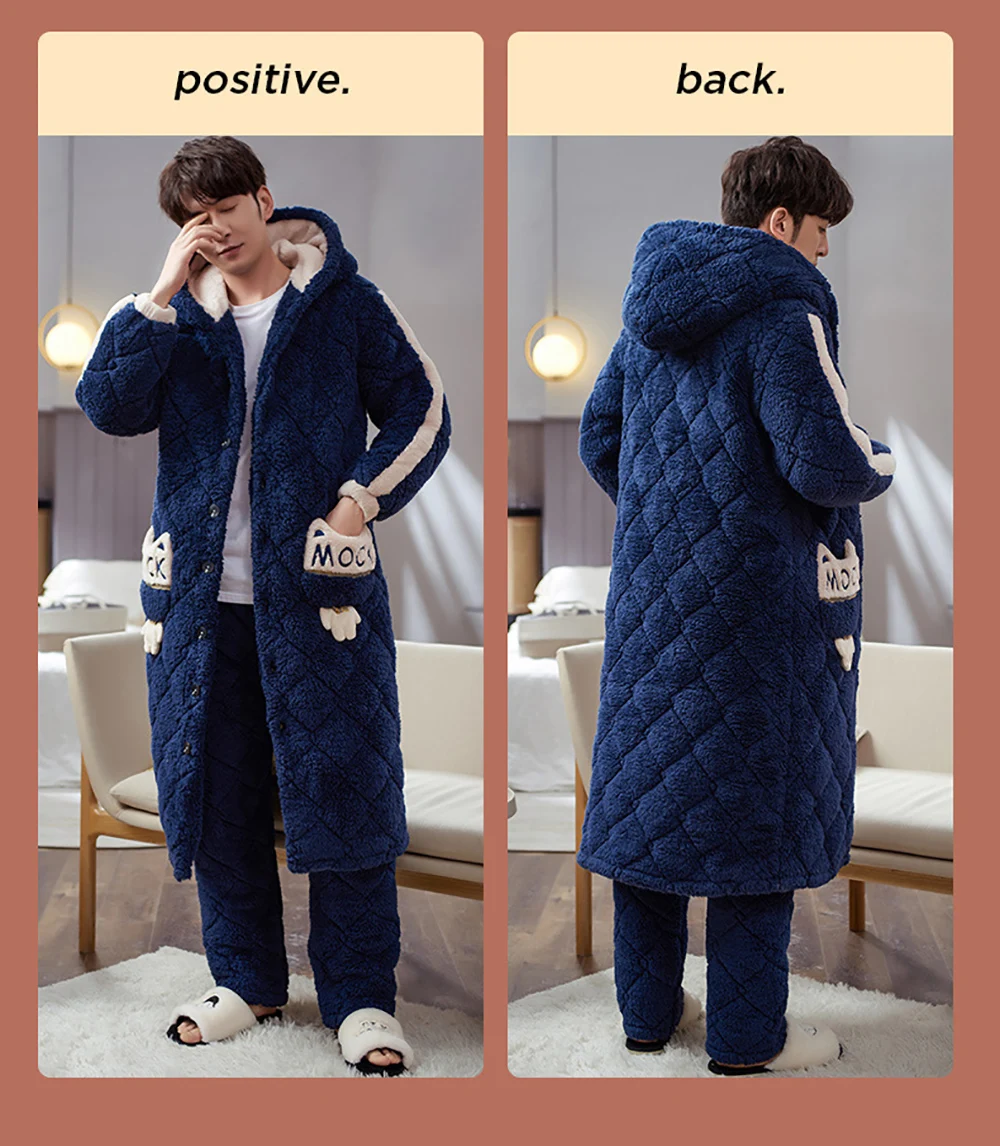 Men Terry Robe Hooded Pajama Sets Super Warm 3-layer Thick Long Bathrobe Luxury Winter Kimono Man Plaid Pajamas Embroidery Robe plus size silk pajamas