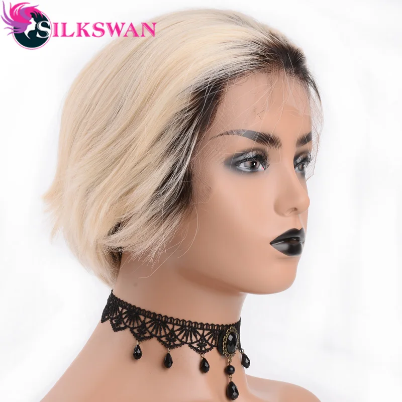 

Silkswan Short Pixie Cut Wigs Human Remy Hair Wigs 150 Density 1B/613 color Natural Short Wigs for black women lace front wigs