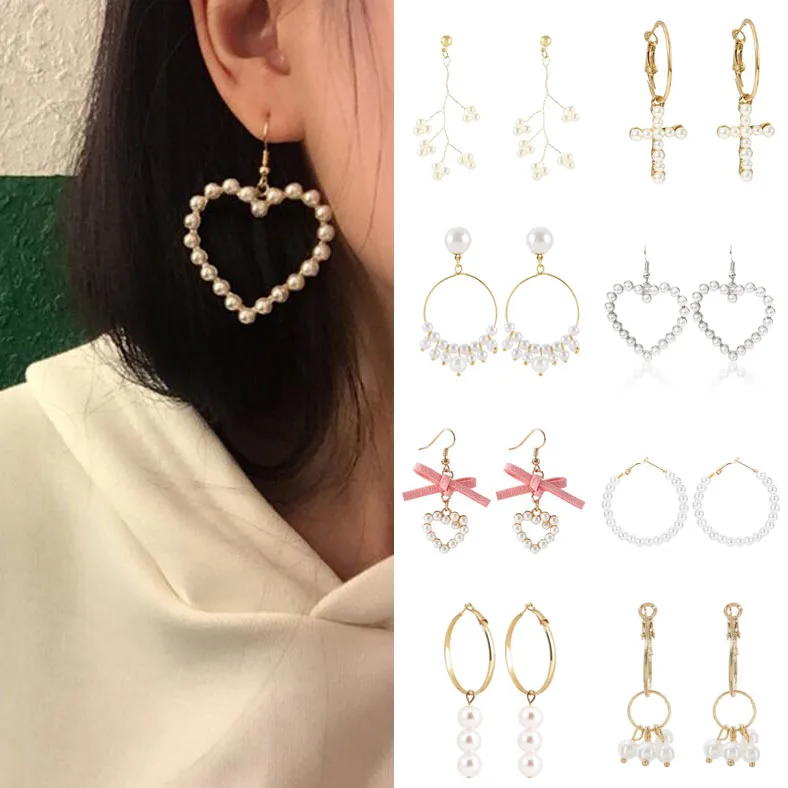 Серьги для женщин с жемчугом сердцем крестом кисточкой золотой