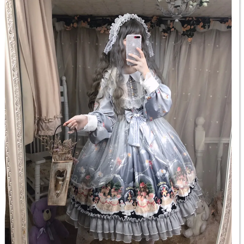 

Vintage palace sweet lolita dress lace bowknot peter pan collar cute printing victorian dress kawaii girl gothic lolita op loli