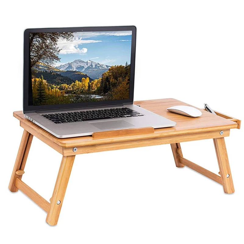 Промо-акция! Подставка для ноутбука из натурального бамбука, складной поднос для завтрака, столик с откидным верхом и боковым ящиком