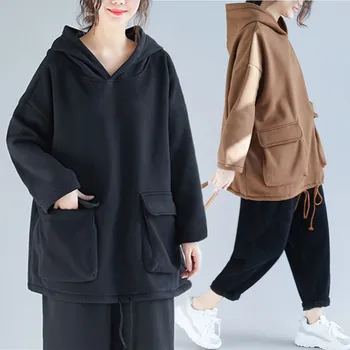 

BIG SIZE 4XL Autumn Winter Women Fashion Elegant Pocket Tops Ladies Female Plus Large Drawstring Loose Fleece Hooded Sweatshirt