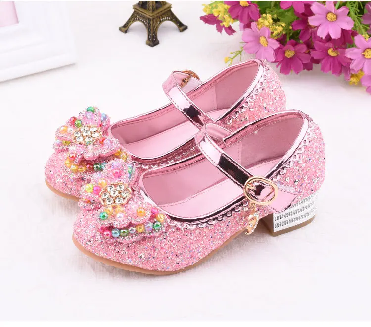 Children Princess Leather Shoes student dance shoes Girls High Heel Sandals Dress Kids Leather Glitter Crystal Shoes Banquet