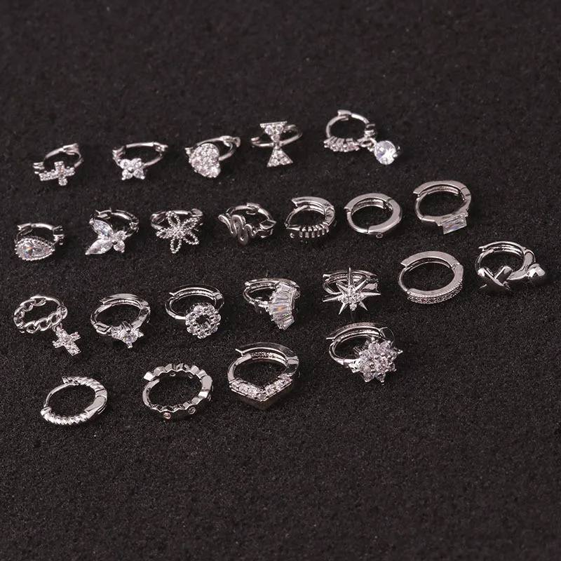 Drop Shipping 1pc Crystal Flower Fishbone Snake Copper Hoop Earrings for Women Crown Knot Cross Star Ear Piercing Jewelry