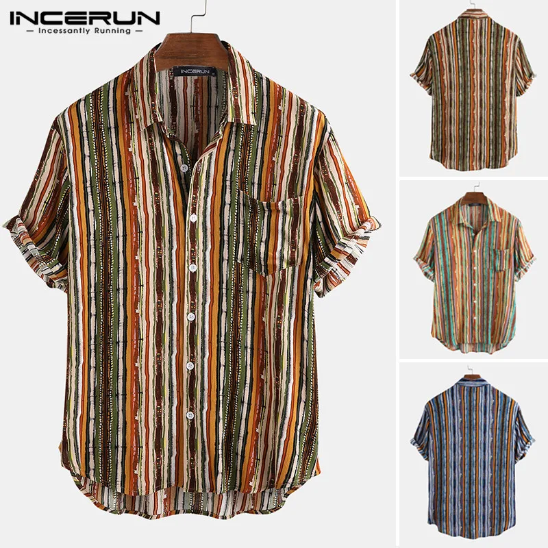 INCERUN Men Hawaiian Shirt Striped Breathable Lapel Short Sleeve Camisa 2020 Summer Casual Beach Streetwear Chic Blouse S-5XL INCERUN Men Hawaiian Shirt Striped Breathable Lapel Short Sleeve Camisa 2020 Summer Casual Beach Streetwear Chic Blouse S-5XL