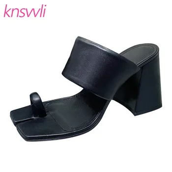 

Square Split toe Chunky Heels Slippers Women Flip flop Leather Sandals Women Mules High Heels Summer Runway Party Shoes Woman