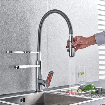 

Pull Down Kitchen Faucet Chrome Cold Hot Water Dual Swivel Spout SInk Mixer Taps 360 Rotation 3-ways Single Hole Mixer Crane