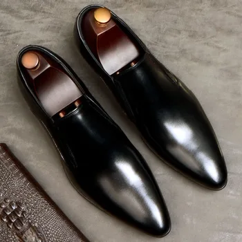 

2019 Black Wine Red Loafers Shoes For Men Handmade Genuine Leather Casual Formal Shoes Wedding Office Slip-on Flat Oxford Shoes