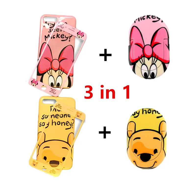 

3 In 1 Glass Screen + Ring Holder + Phone Case for IPhone XS Max XR X 8 7 6 6s Plus 10 Xmax Cute Cartoon Mouse Women Case Cover