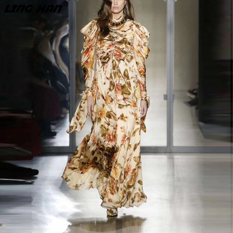 LINGHAN Herfst Winter Brand Runway Maxi Jurk vrouwen Bladerdeeg Mouw Ruches Ruches Vintage Flower Print Party Lange Jurken