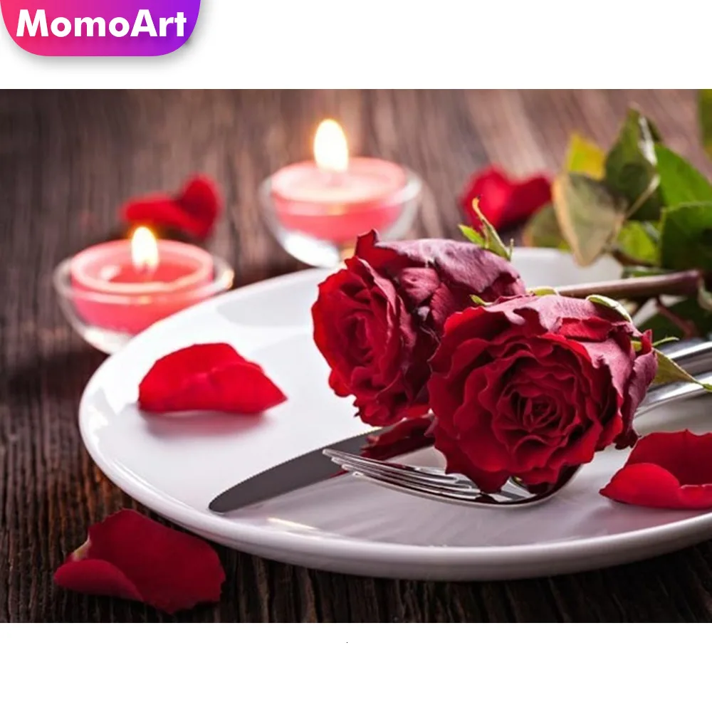 

MomoArt 5D Flowers Diamond Painting Red Rose Full Drill Square Rhinestone Embroidery Cross Stitch Handwork Weeding Decoration