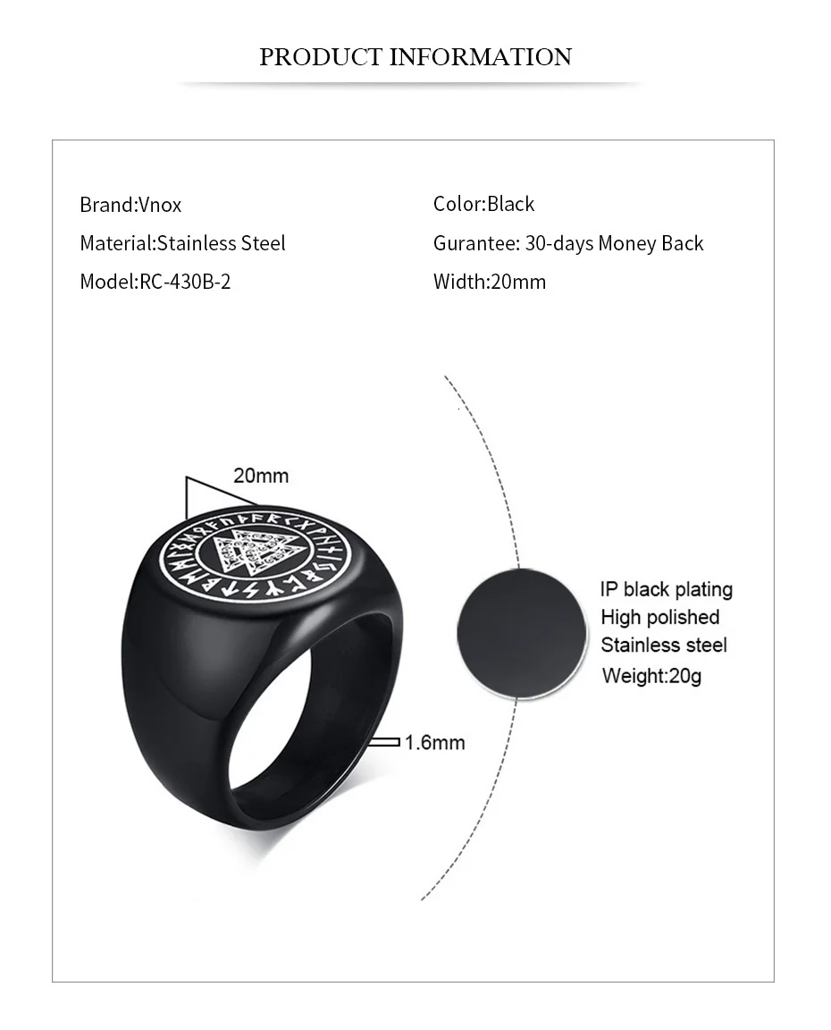 Vnox Stainless Steel Viking Rune Signet Ring for Men Black Male Punk Jewelry with Triple Knot Icon#8-#13