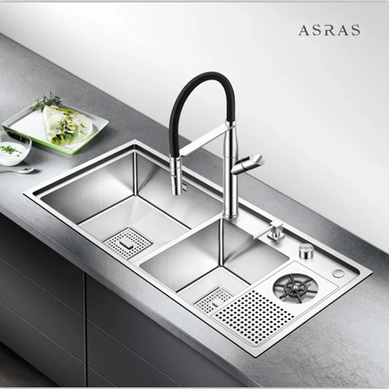 Asras 9045MD  SUS304 Handmade kitchen sink cup rinser sink with drainer manufacturer free shipping